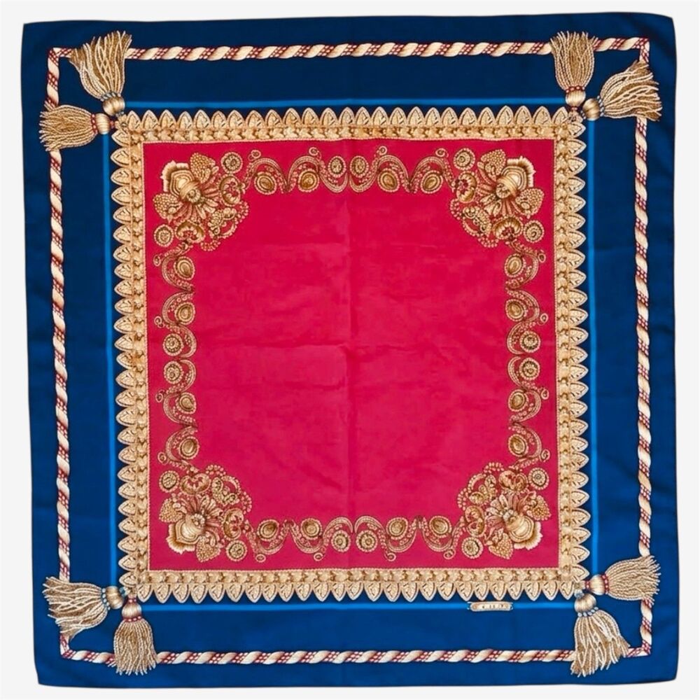Vtg Echo Silk scarf red blue gold ornate print gold border tassels